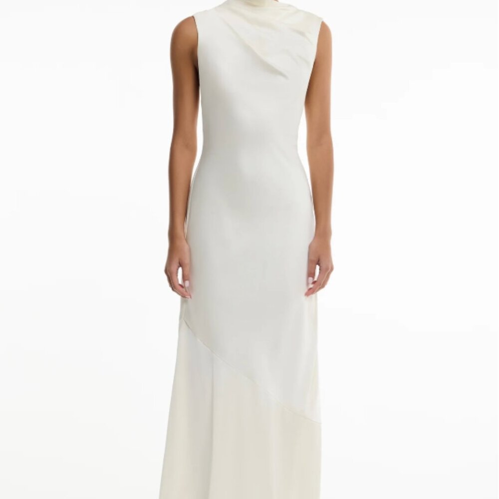 Significant Other Lana Cowl-Neck Tie-Back Satin Maxi Dress in Ivory